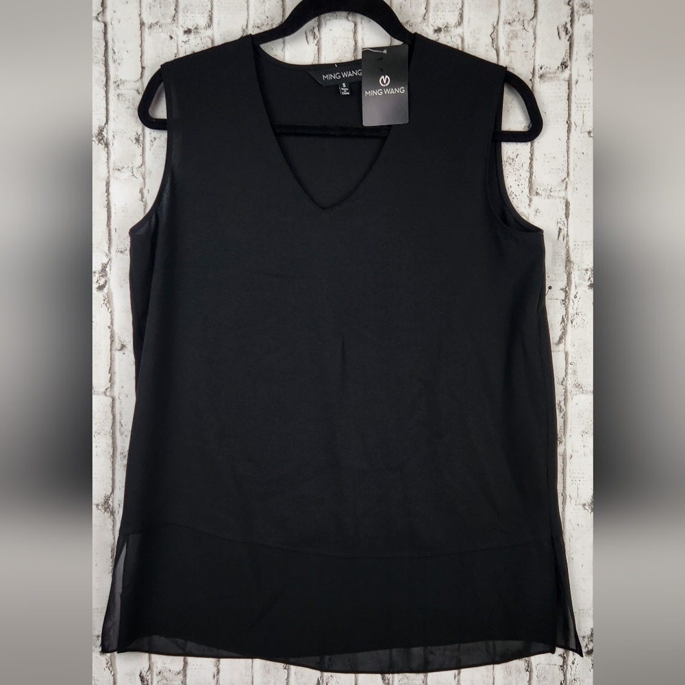 Ming Wang Sheer Hem Crepe de Chine Tank In Black Size Small